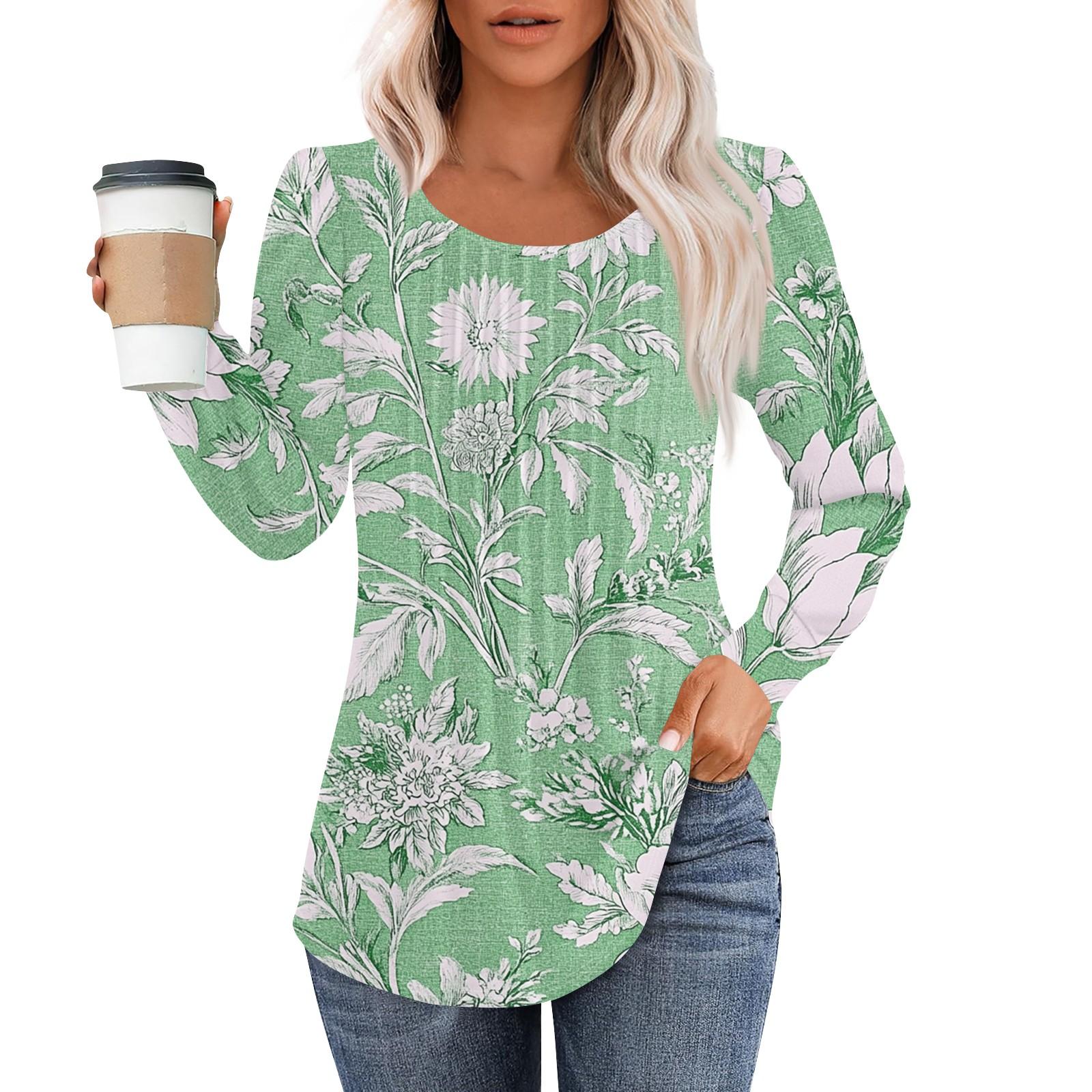 

Женская модная повседневная плиссированная футболка с круглым вырезом, винтажным цветочным принтом и длинным рукавом XXL зелёный