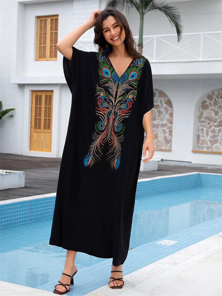 

EDOLYNSA Элегантный премиум вышитый черный кафтан большого размера 2024 женский свободный домашний халат летнее пляжное длинное платье купальник накидка Q1709 One Size чёрный