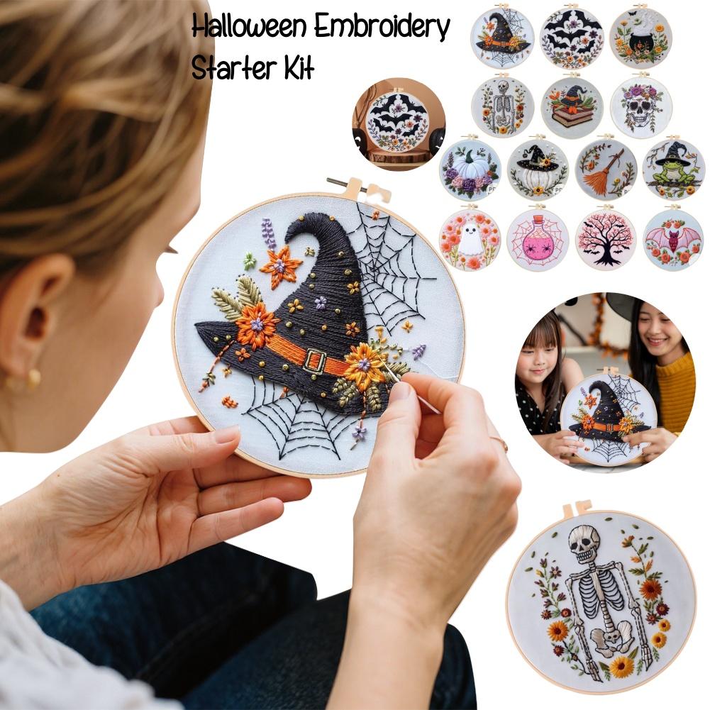 Halloween Embroidery Starter Kit Ghost & Gothic Stamped Pattern Cross Stitch DIY Christmas Decoration Embroidery Kit for Adults