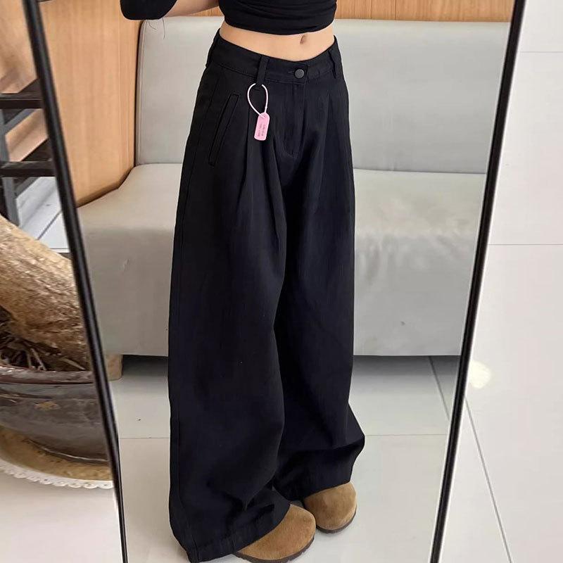 Damen Schwarze Jeans Locker High Waist Gerades Bein Lässig Weites Bein Jeanshosen