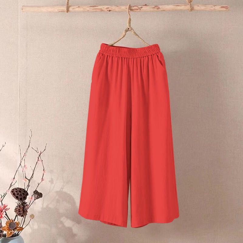 2025 Women's Plus Size Cotton Linen Wide Leg Cropped Pants - Summer Casual, Elastic Waist, Solid Color, Trendy and Loose Fit