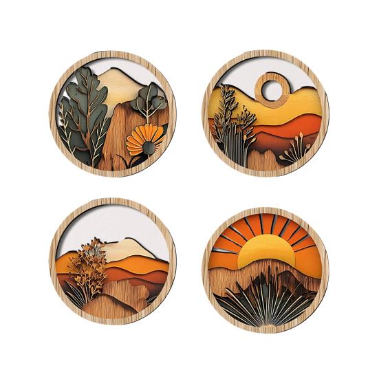 4 Pcs Boho Wall Art, Bohemian Sunset Mountain Plant Wall Decor, Wooden Round Circle Hollow Out Farmhouse Hanging Ornament for Bedroom, Living Room