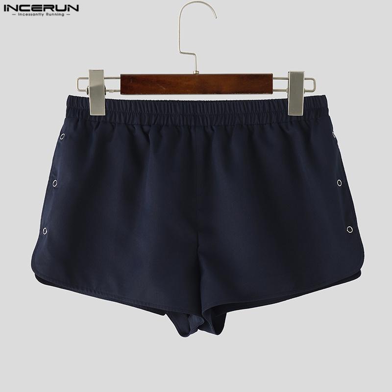 INCERUN Pantaloni Scurți Mini pentru Bărbați cu Talie Elastică, Butoni Laterali, Culoare Solidă, Haine de Casă