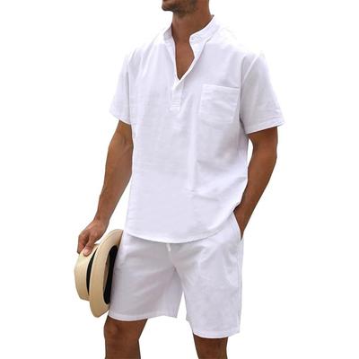2-teiliges Set für Herren, Baumwolle, Leinen, Henley-Hemden und Shorts, Outfits, Strand-T-Shirt, Urlaub, passender Anzug, Sommerkleidung, kurze Ärmel