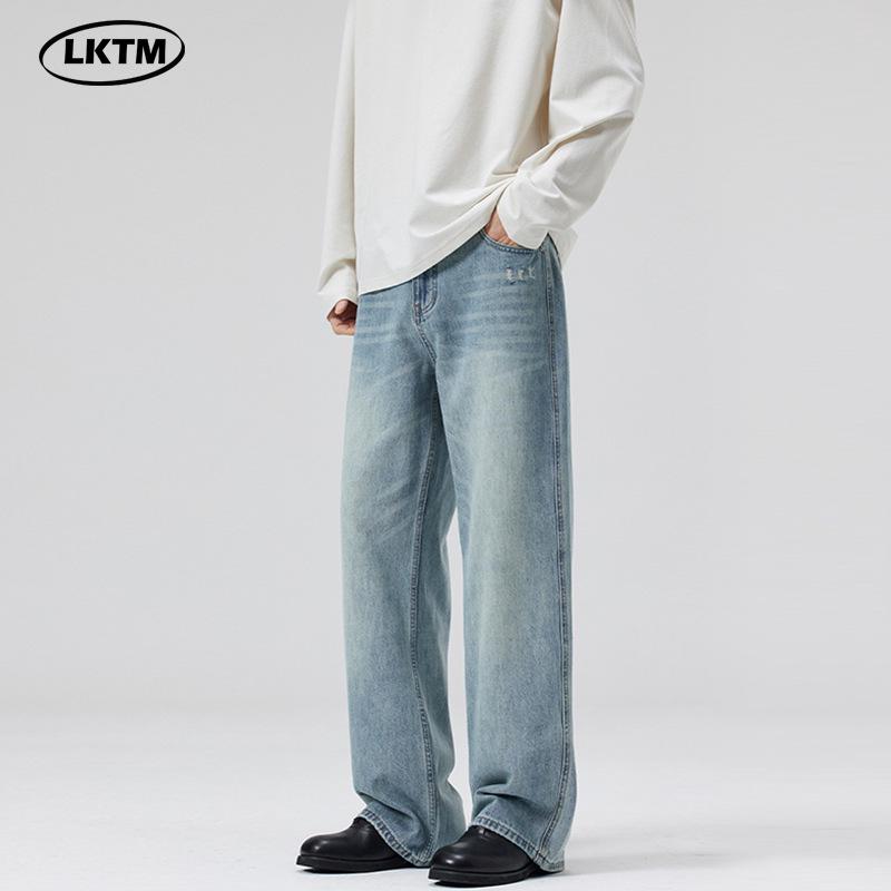 

LKTM Unisex Light Blue Washed Whiskered Jeans - Versatile Loose Straight-Leg Pants for Spring/Summer 2XL [150-165 lbs]