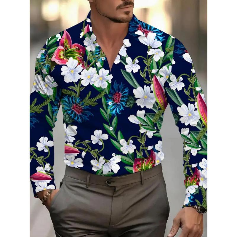 Gold Printed Long Sleeve Single Row Buckle Men's Flower Shirt Casual Shirt Street Fashion Flap-Collar Shirt