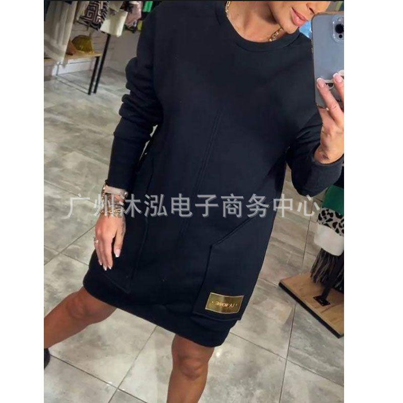 

Fall 2025 New Independent Station Cross-Border round Neck Pocket Long Sleeves Long Sweater Pure Color Dress Female Hoodie Black 3XL
