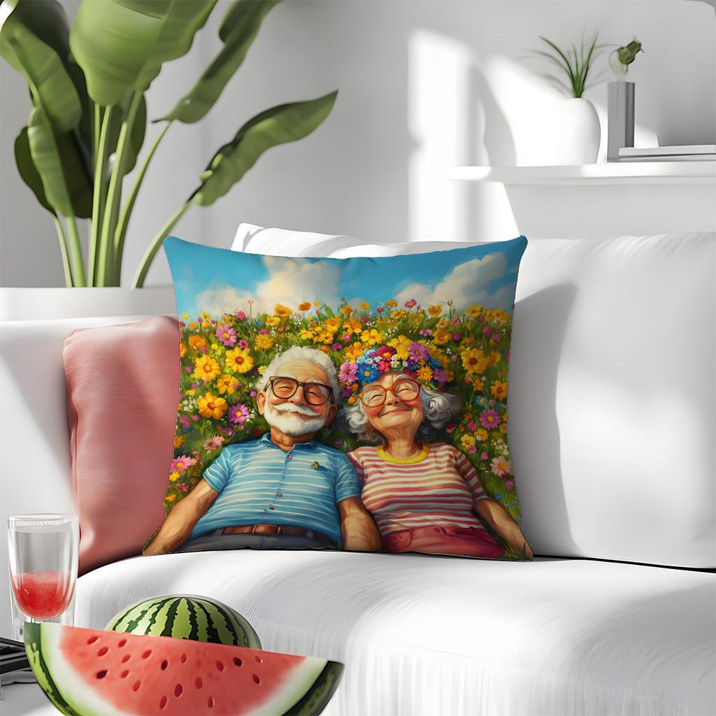 1Pc Elderly Couple In Flower Field Printed Throw Pillow Cover,Suitable For Sofa,Bedroom,Living Room,Heartwarming Gift For Elders