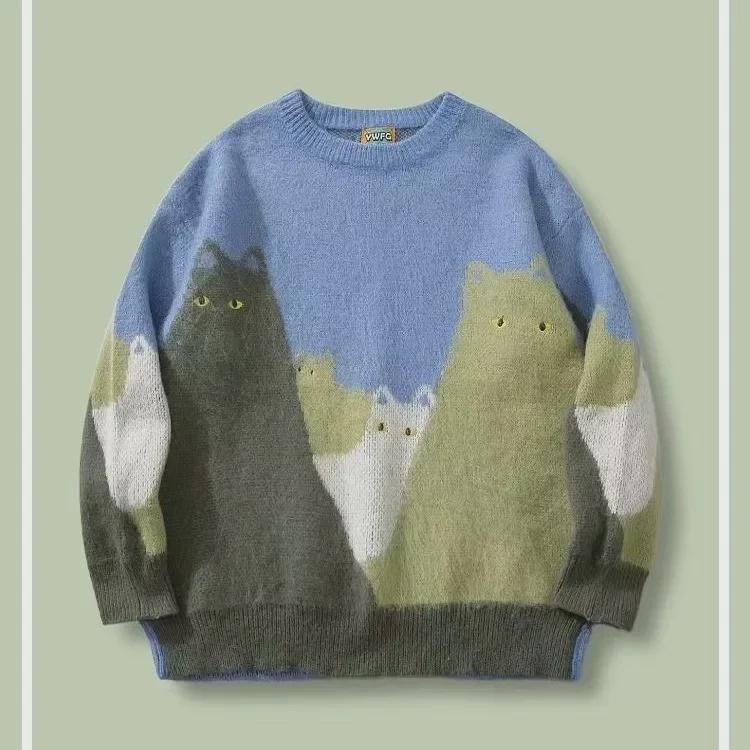 Euroamerikanischer Herbst/Winter Katzenmuster Jacquard Strickpullover - Langärmlig, Lockere Passform, Rundhalsausschnitt, Lässiger Komfort