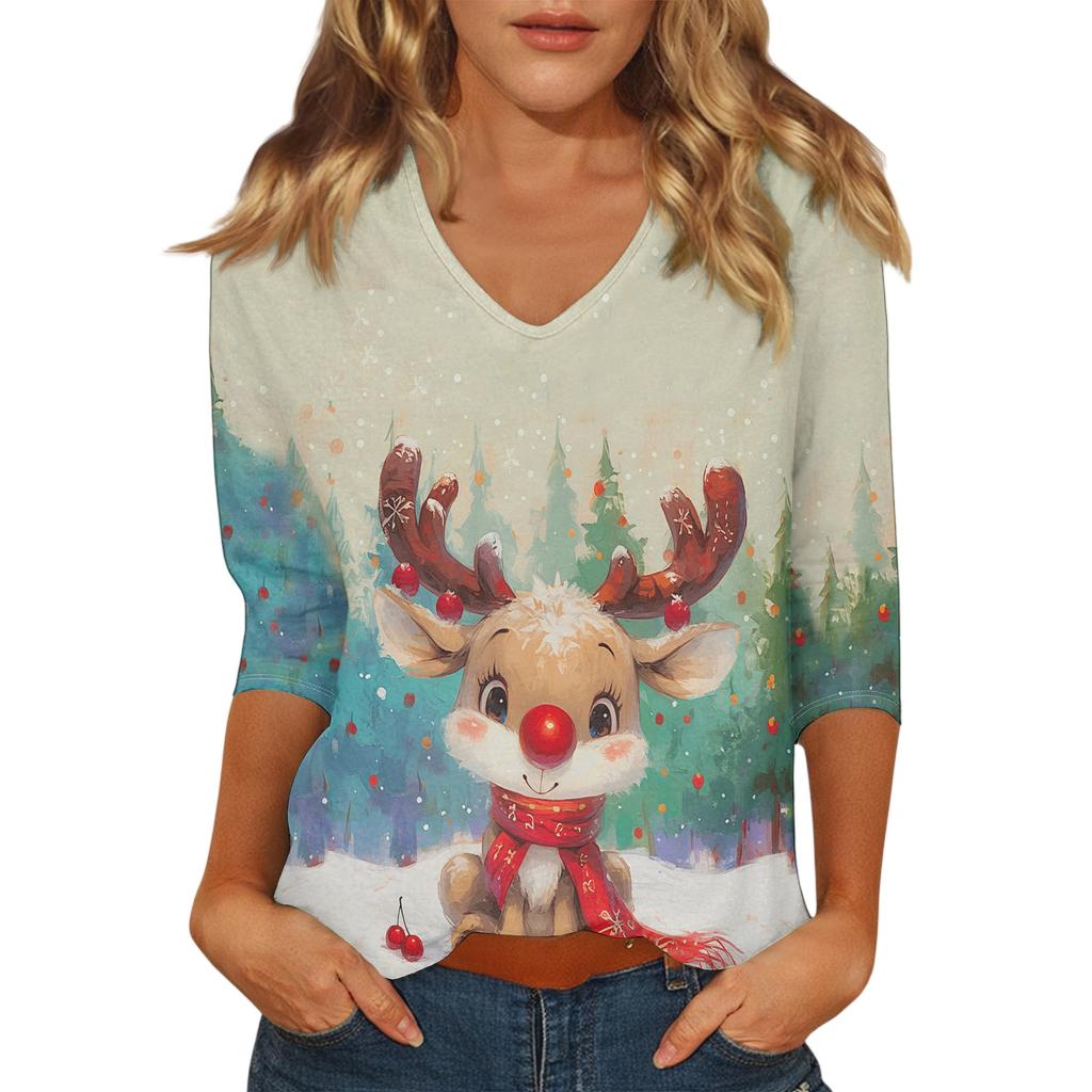 Dámský vánoční potištěný módní ležérní top se sedmiosminovými rukávy a výstřihem do V