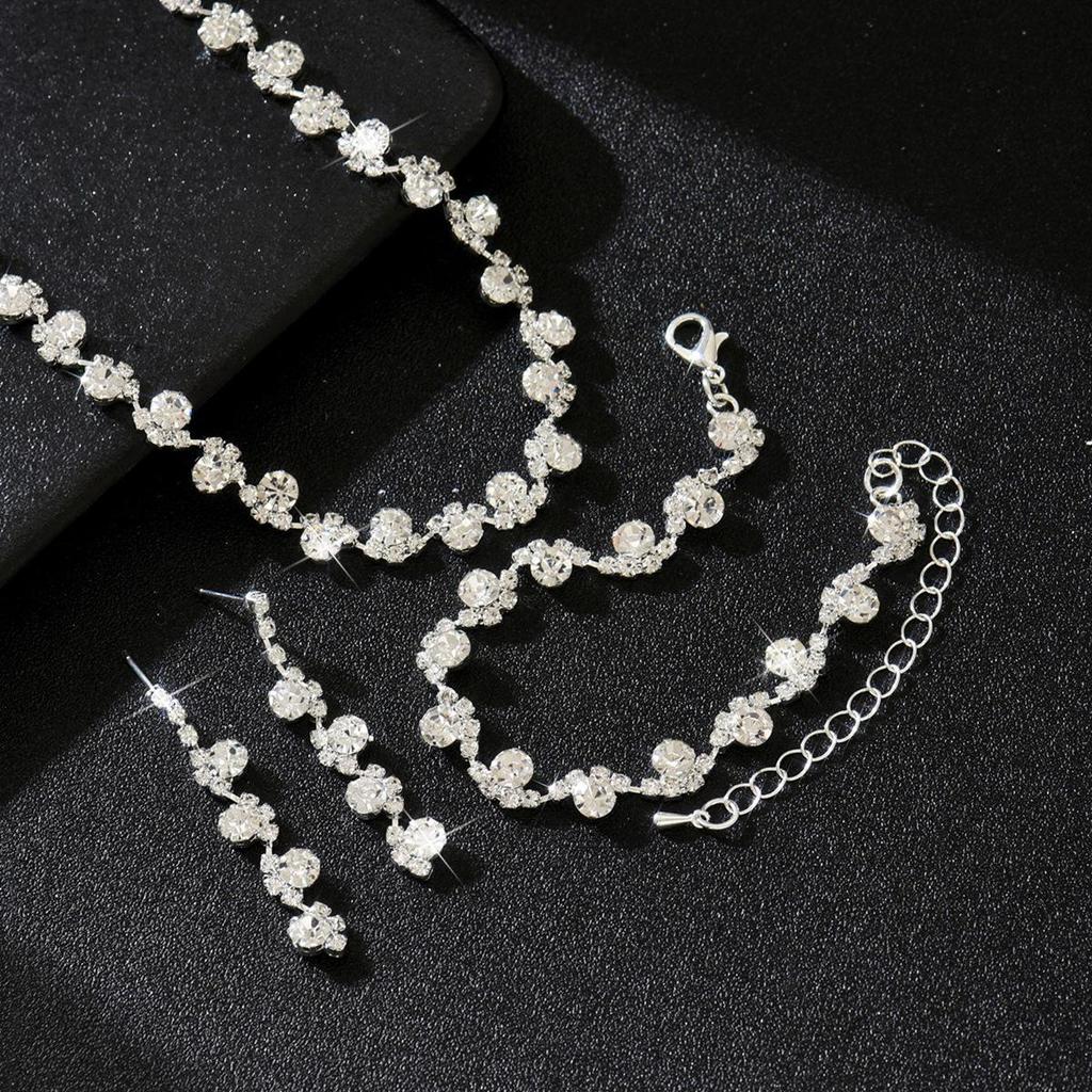 2025 Korean Fashion Wedding Jewelry: Silver Rhinestone Necklace, Earrings, Bracelet & Ring Set