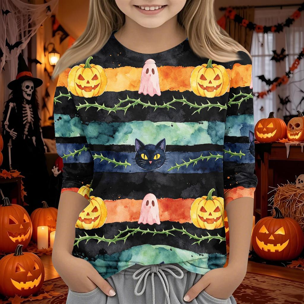 Kids' Halloween Printed Round Neck Three-Quarter Sleeve Casual T-Shirt