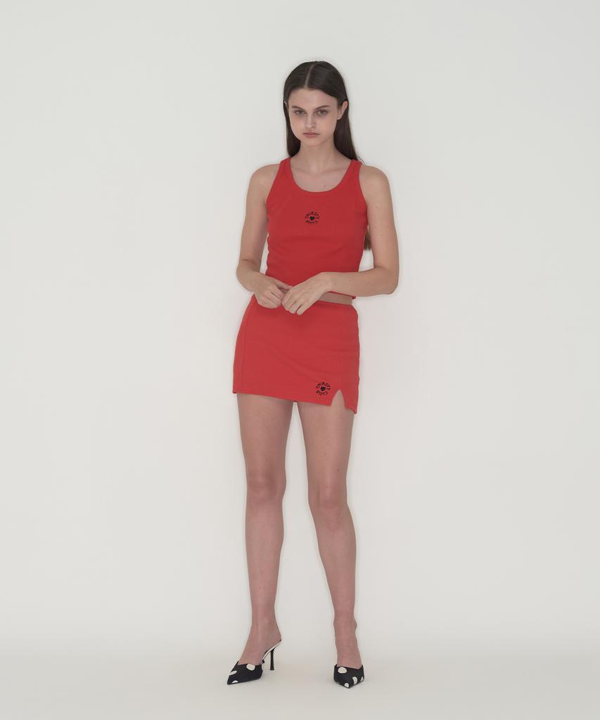 Tteolseutikeulleob Round Logo Slit Skirt Pants - Red