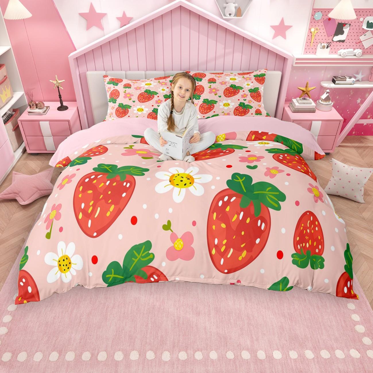 

Homewish Kawaii Cherry Strawberry Duvet Cover Set For Girls Cute Pink Bow Quilt Cover Set Tropical Fruit Theme Bedding Set EU Single(135*200cm)3pcs