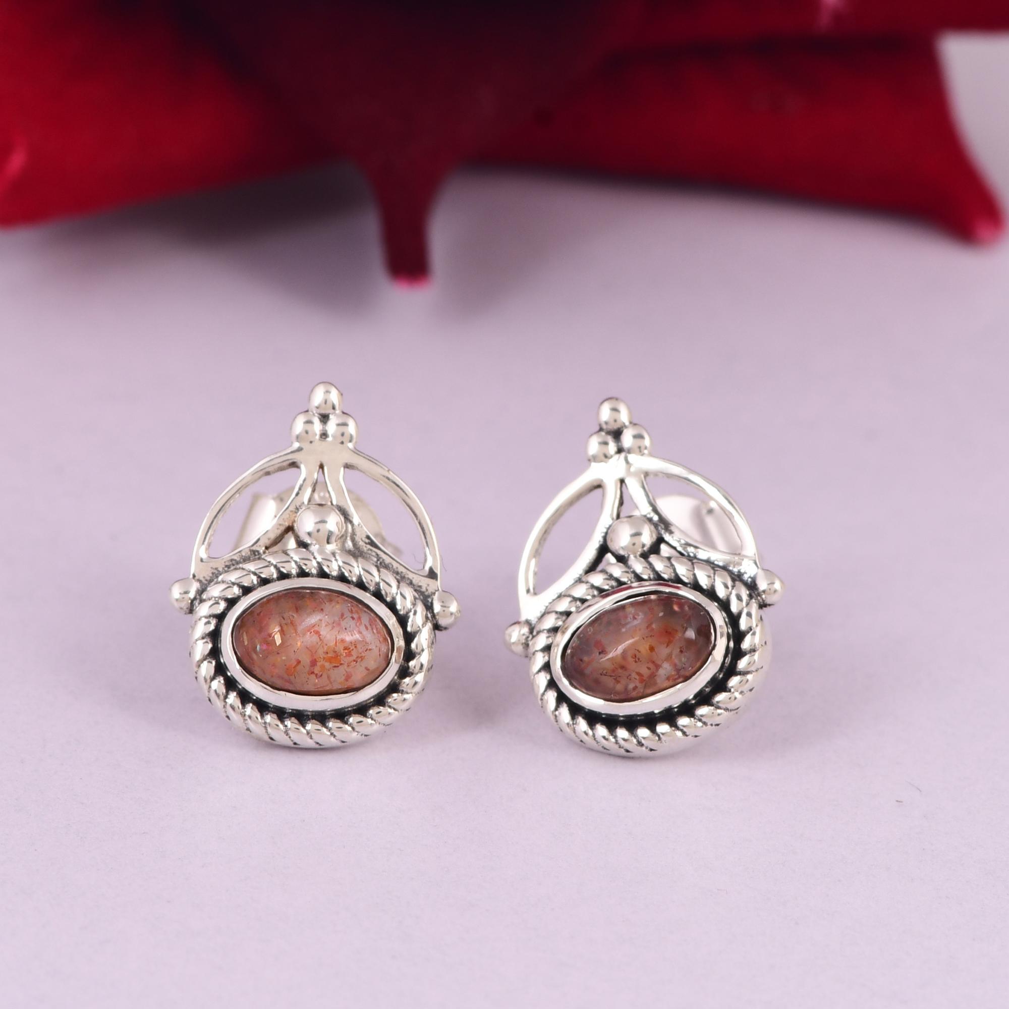 

Sunstone Stud Earrings 6x4mm | Sterling Silver Gemstone Earrings | Boho Everyday Studs | Handmade Jewelry Gift for Her