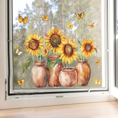 Hand-Painted Sunflower Butterfly Static Cling UV Window Sticker for Glass Door Window Home Decoration