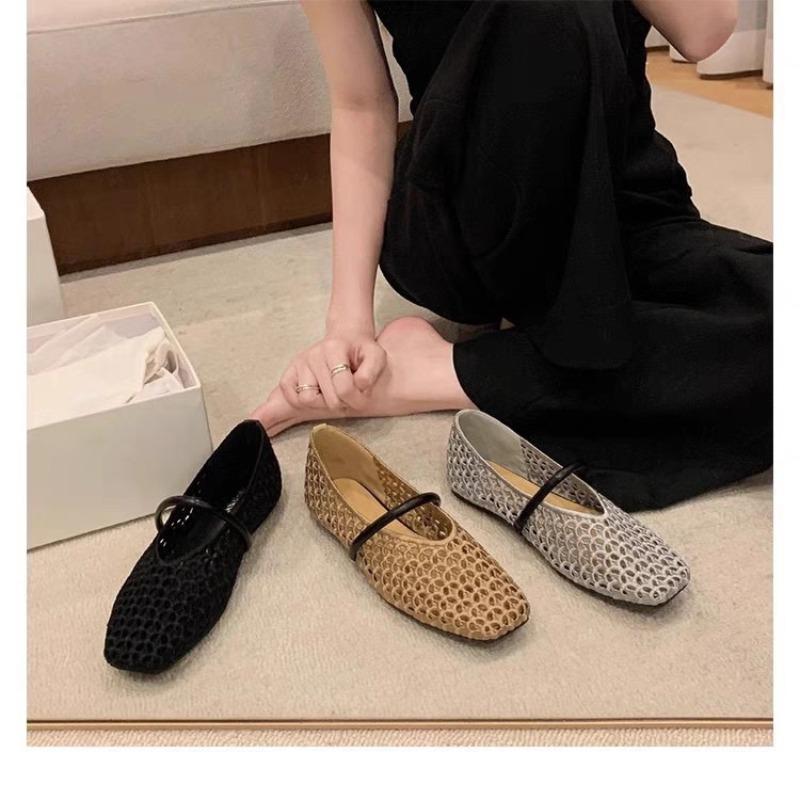 New Popular Square Head Hollow Woven Casual Comfortable Women's Flat Shoes Cut-out Mary Jane Single-layer Shoes Fishnet Shoes