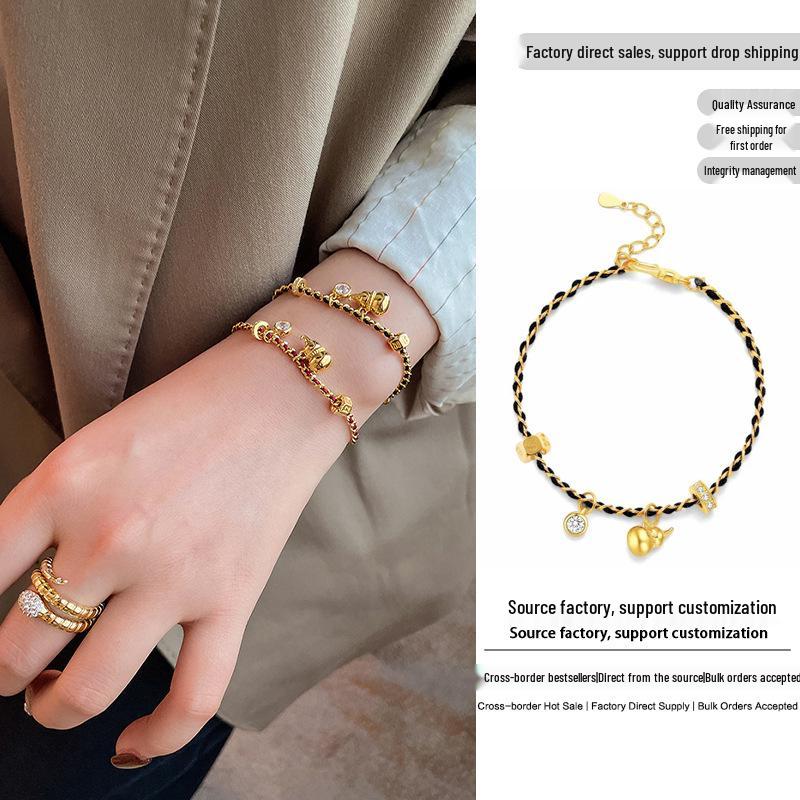 Elegant Chinese Gourd Black Rope Bracelet: Women's Luxury Red Rope Hand Jewelry