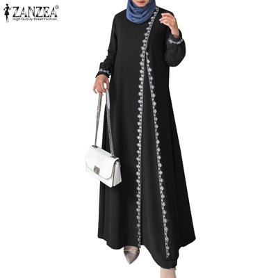 Robe longue décontractée à col rond et manches longues en dentelle pour femmes