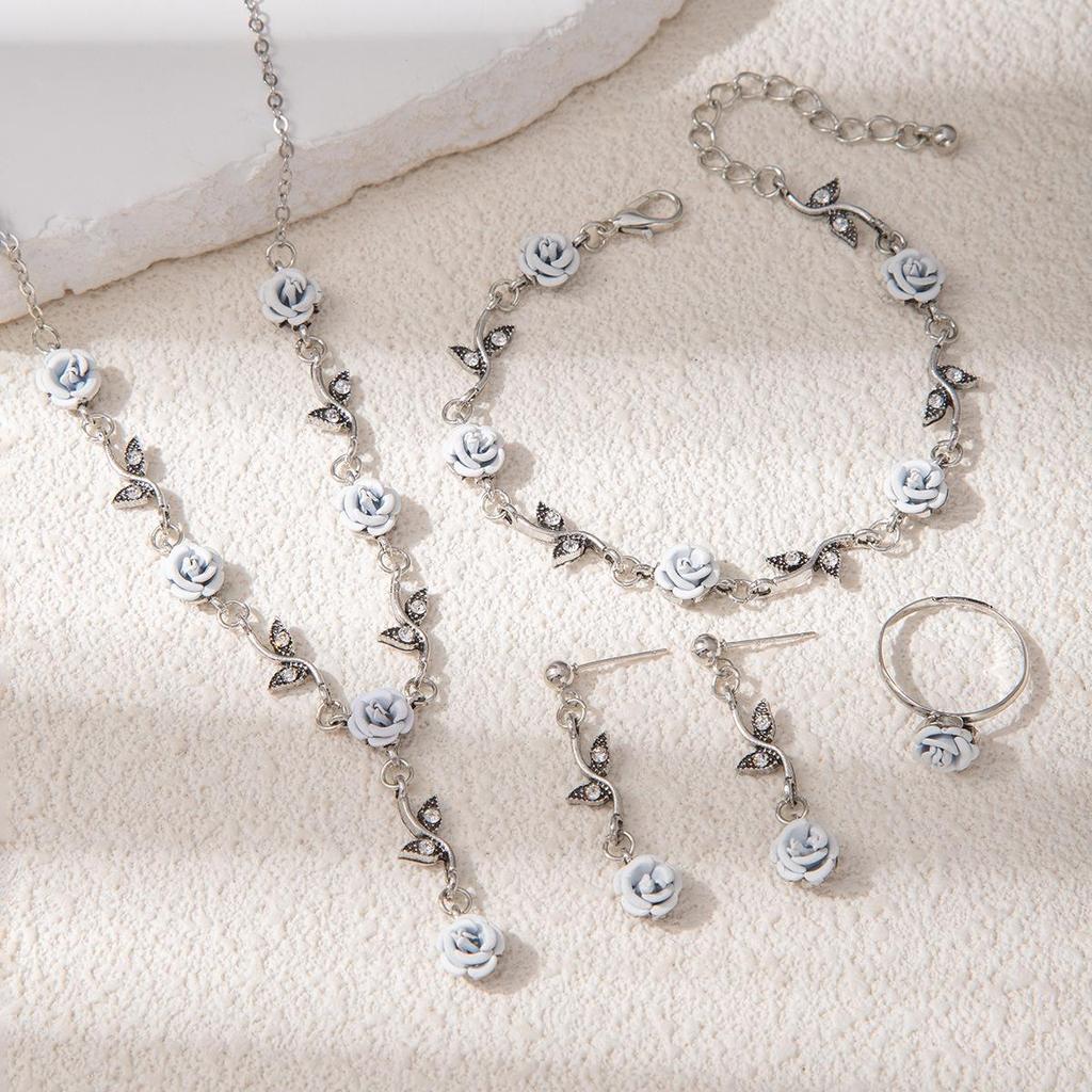 Elegant High-End Women's Retro Silver Fairy Jewelry Set: Black Knight Rose Earrings, Bracelet & Necklace