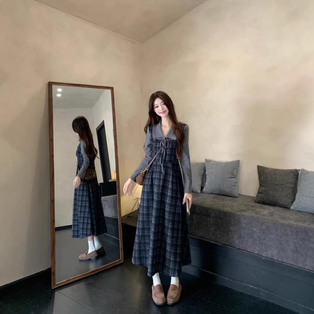 Plus Size Plaid Two-Piece Look Dress - Spring 2026 Slimming Long-Sleeved Waist-Cinched Skirt for Women