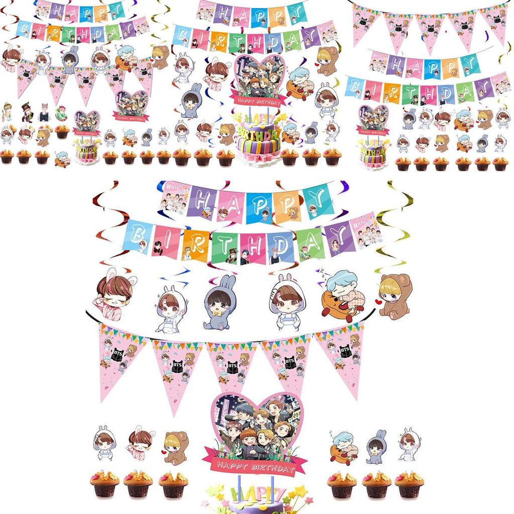 Festliche BTS-Motto-Geburtstagsparty-Artikel mit farbenfrohem Tortenaufsatz und fröhlichen Cupcake-Aufsätzen