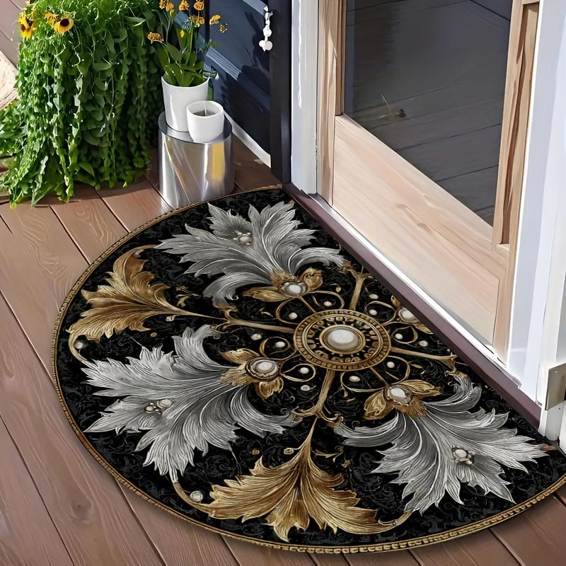 1Pcs Gold Silver Floral Semi Circle Welcome Doormat Non-Slip for Outdoor Patio Porch Kitchen Bathroom Entryway Floor Mat