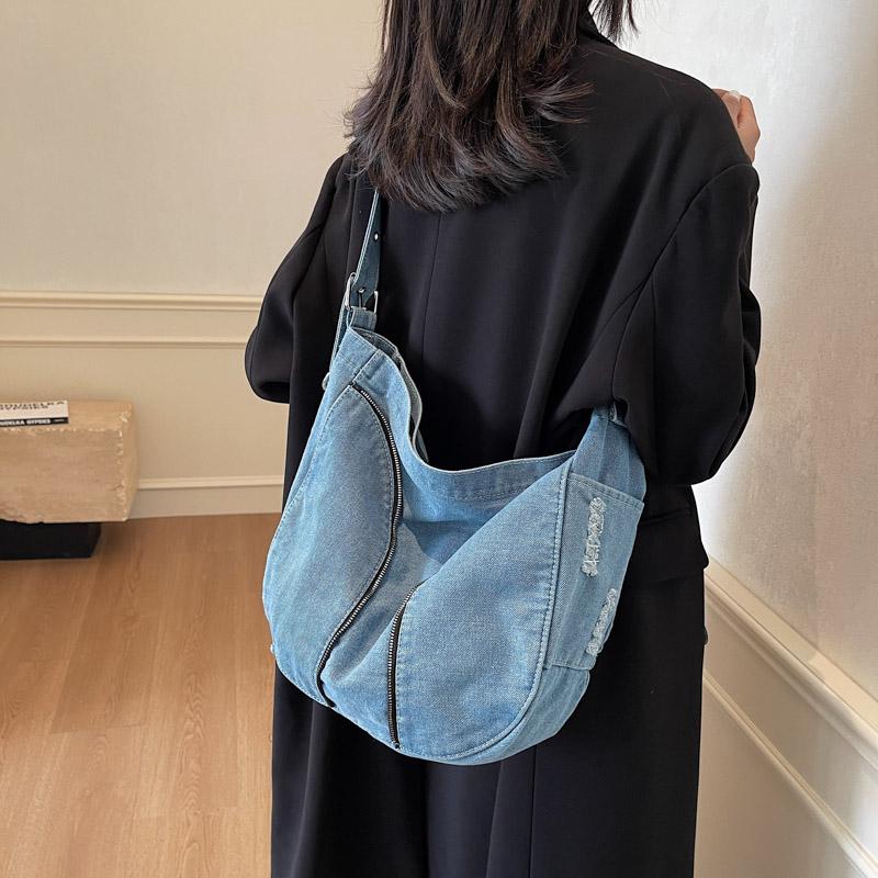 Denim Messenger Bag med Stor Kapacitet Dam Vintage Axelväska Crossbody-väska
