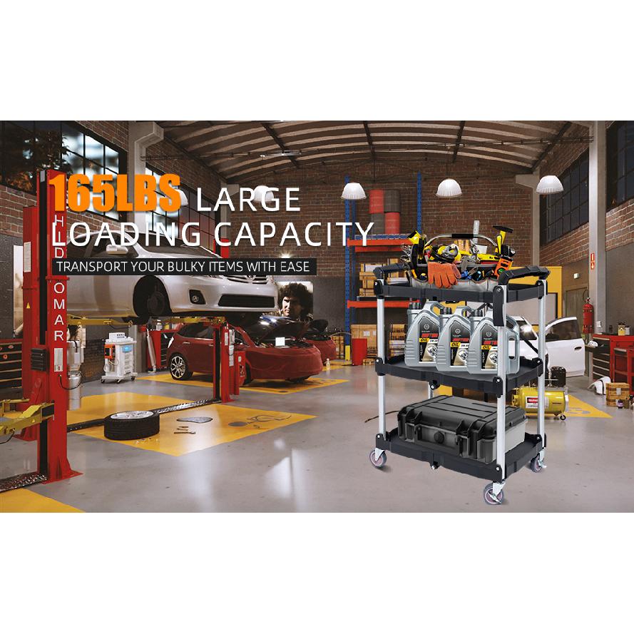 No Assembly Foldable Service Carts with Wheels 3 Tier Portable Utility Rolling Tool Garage Cart Collapsible Storage Cart
