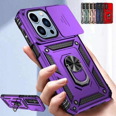 Custodia per telefono antiurto Armor con supporto ad anello e fotocamera scorrevole per iPhone 15 14 13 12 11 Pro Max X XR XS Max 7 8 15 Plus, guscio posteriore con protezione per l'obiettivo