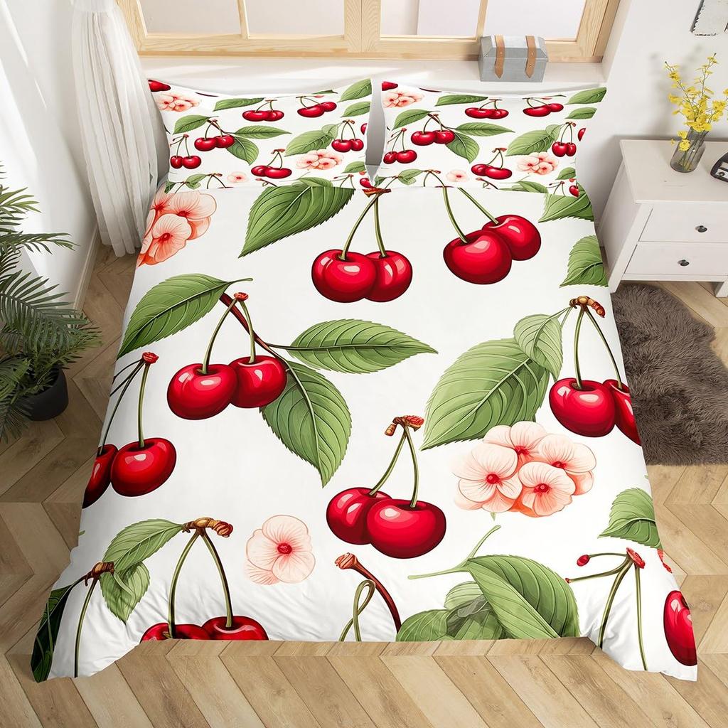 Kids Cherry Duvet Cover Sets Queen King Size Cherry Pattern Bedding Set Cute Fruit Comforter Cover No Comforter Lightweight Down