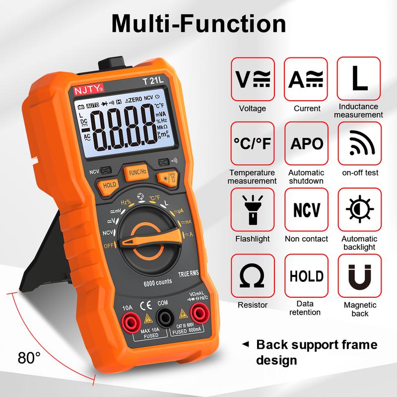 NJTY T21 Professional True RMS Digital Multimeter 6000 Counts True-RMS Auto/ Manual Range AC/DC Voltage Anti-Burn Voltmeter
