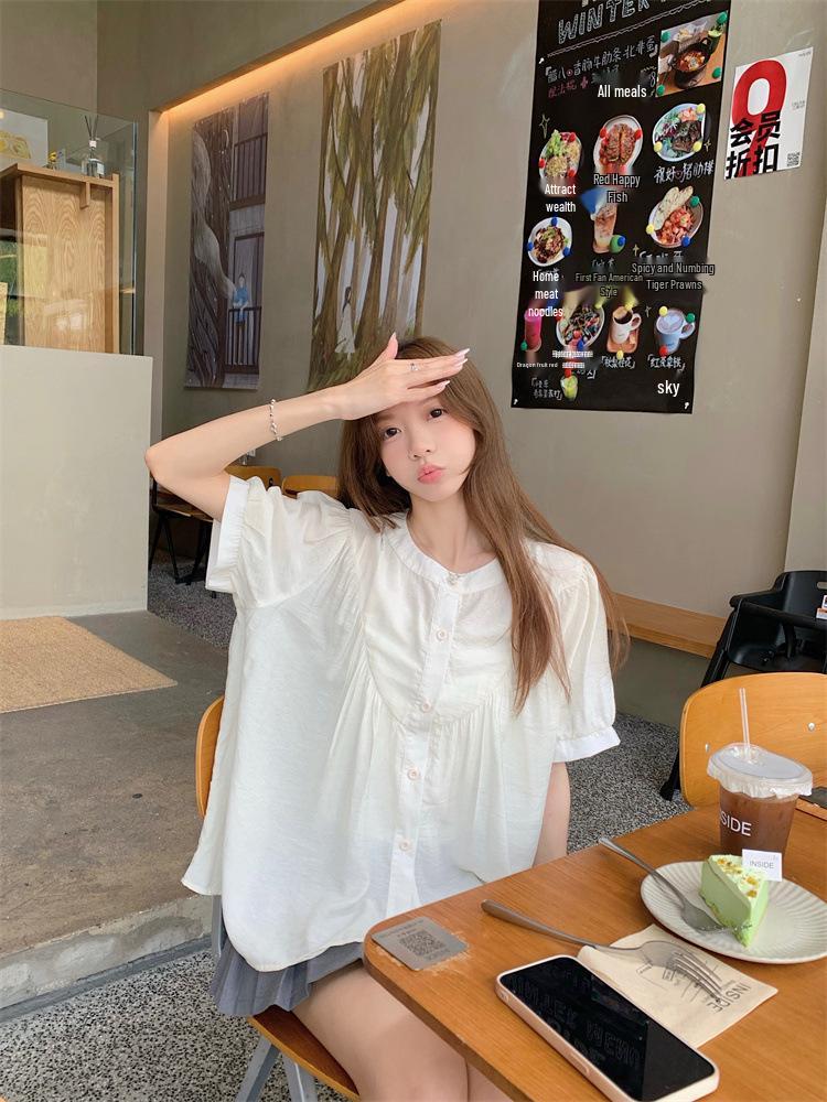 Women's Trendy White Puff Sleeve Lace Collar Casual Summer Top