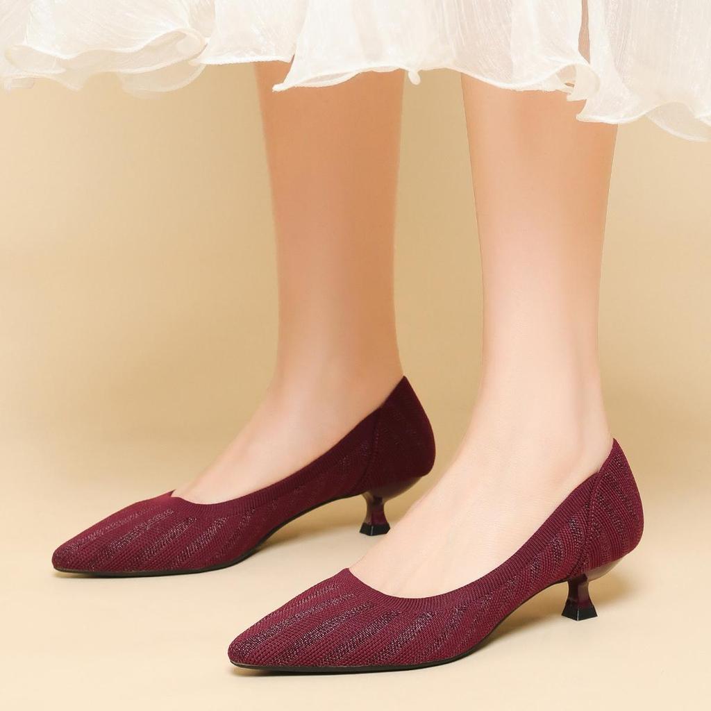 Pointed Toe Shallow Mouth Fabric Flat Bottom Women's Solid Knitted Soft Bottom Large Shoes Size 34-43