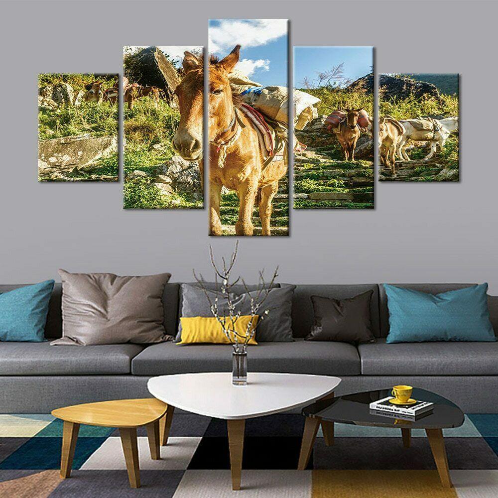 5Pcs Donkey Animal Landscape Decor Pictures Canvas Poster HD Print Home Decor No Framed Room Decor Wall 5 Panel Abstract Art
