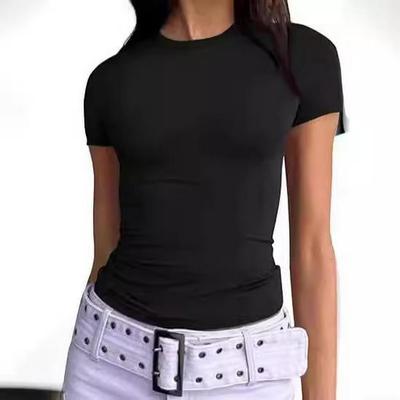 European and American Summer Women's Slimming Milk Silk Pullover T-shirt, Round Neck Fashion Top, High-end Women's Outerwear