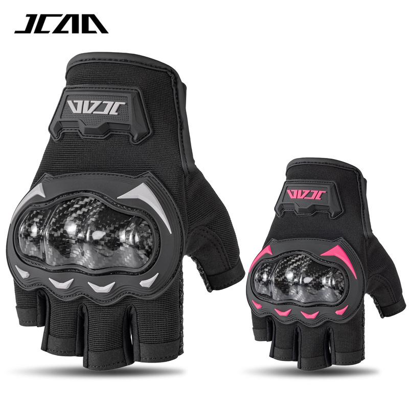 JCAA Black Summer Half Finger Motorcycle Gloves with Carbon Fiber Knuckle Protection - Breathable & Durable Motorbike Gloves Men