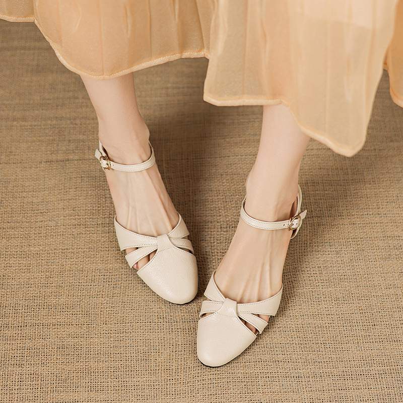 Krazing Pot Sheep Skin Med Heels European Design Summer Size 40 Round Toe Circle Buckle Straps Women Pumps