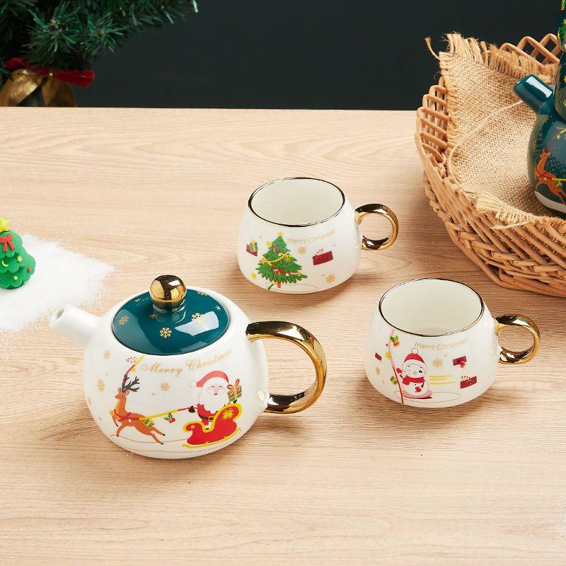 Special Gold-plated Tea Set Christmas Gift One Pot Two Cups Christmas Tea Pot Set Coffee Cup Saucer Teapots Teaware