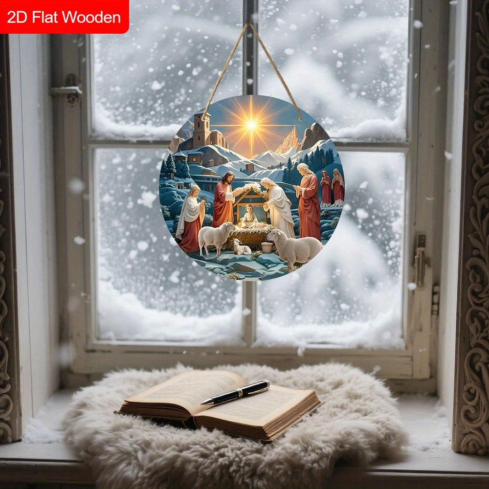 Semn de Crăciun din Lemn Nașterea Domnului - Ornamente Unice cu Figurine cu Model Isus - Ideal pentru Ușa din Față, Curte, Pridvor, Decor Cameră
