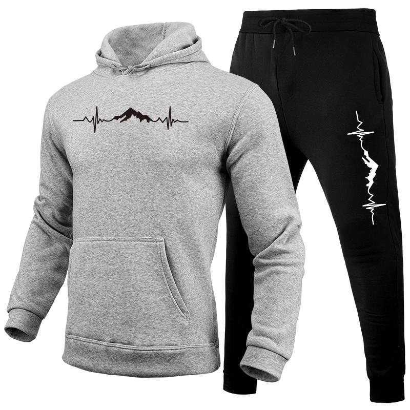 Sportswear 2pcs Set Women Hoodies Black Sweatpants Mountain Print Tracksuit Women's Daily Casual Sports Hooded Jogging Suits