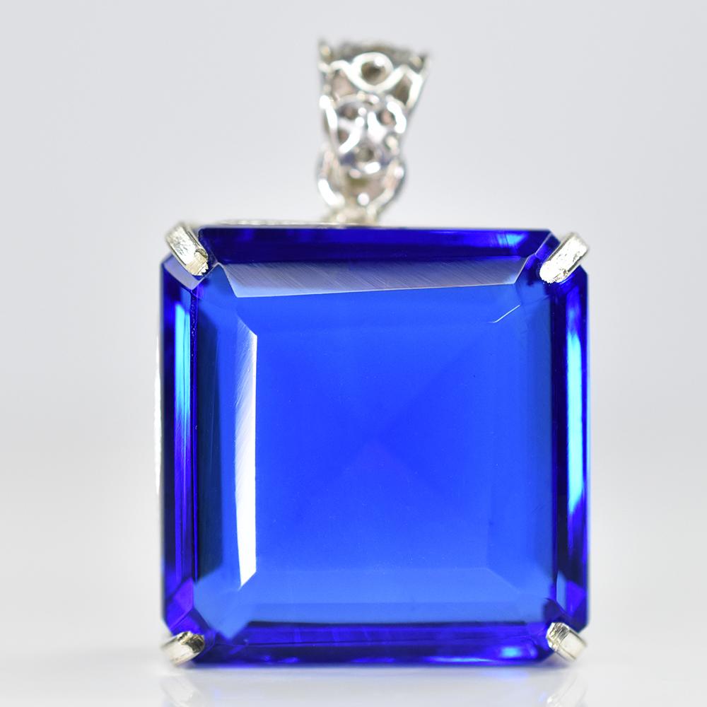 Lab Created Blue Sapphire 99Ct Square 925 Starling Silver Certified Gems Pendant MY.PD-99-NS