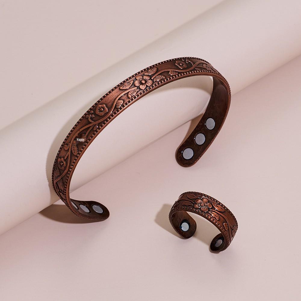 Retro Style Flower Magnet Bracelet & Ring Set In Red Copper for Couples