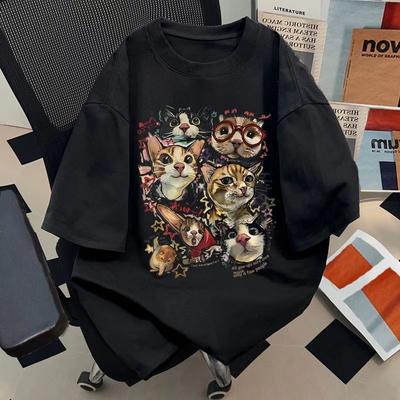 2026 New Street Art Cartoon Cat Collection Printed Plus Size Mens and Womens Cotton Short Sleeve Loose Crew Neck TShirts
