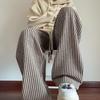 Men's American Retro Coffee Brown Striped Sweatpants - Straight Leg, Loose Fit, Heavyweight, Drapey Wide Leg for Spring/Autumn