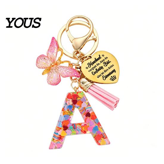 Keychain Pendant Pendant, Sequins Initial Letter Charm Key Chain with Butterfly Tassel Stainless Durable Steel Heart Design, A-Z Holder for Bag