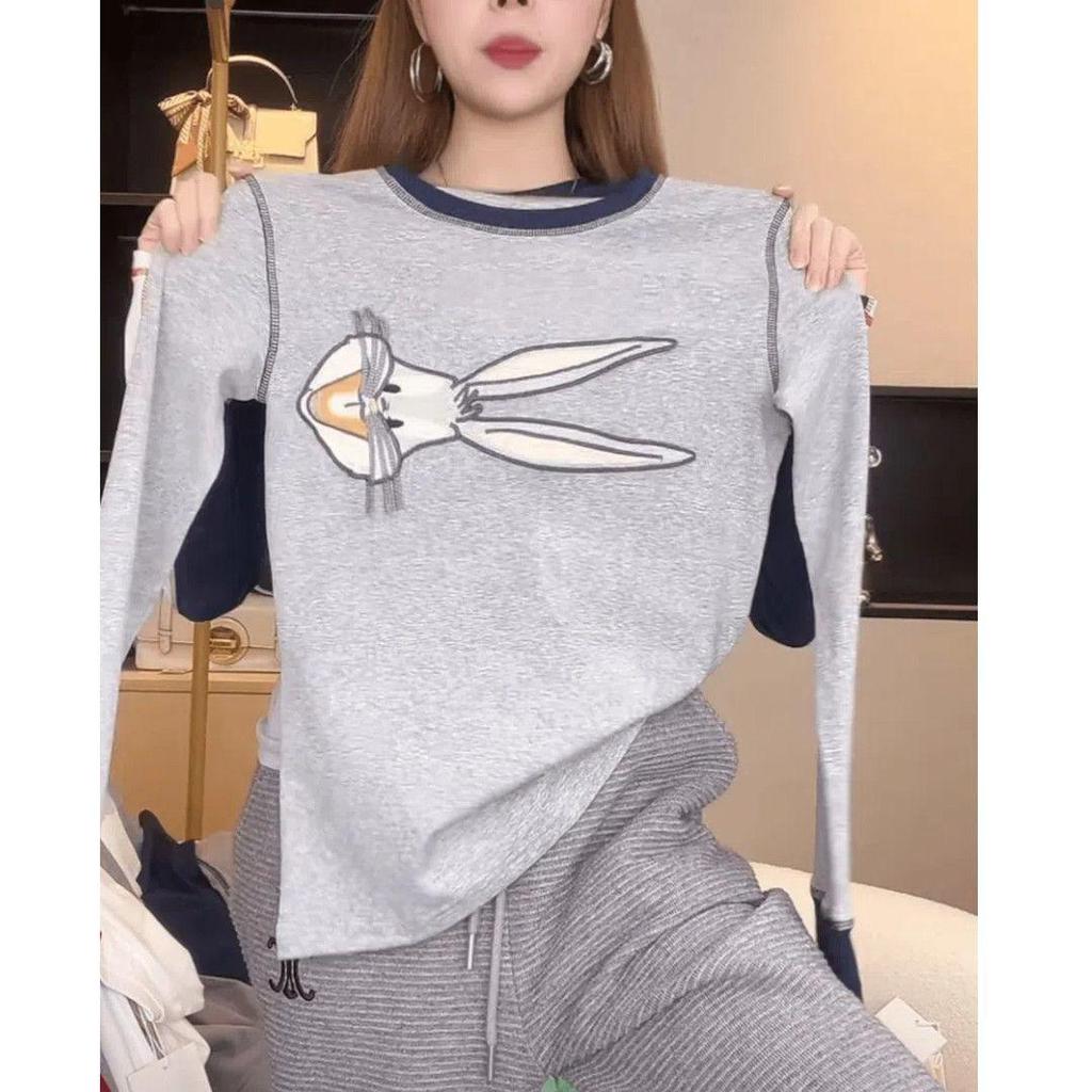 2025 Plus Size Rabbit Embroidery Long-Sleeve Slimming Fashion Top for Women