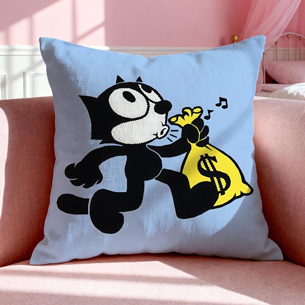 Cartoon F-Felix The Cat Cushion Cover Breathable Linen Pillowcase Summer Odorless Eco-Friendly Invisible Zipper Washable