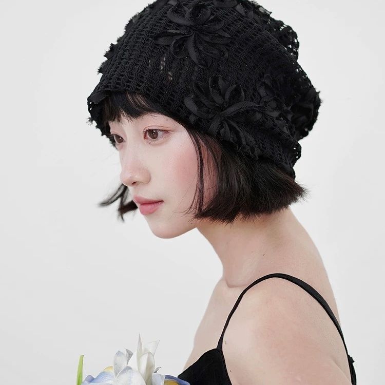 Women's Flower Hollow Slouchy 3D Hat Spring and Summer Thin Korean Style Breathable Large Head Fashionable Head-Wrapping Hat