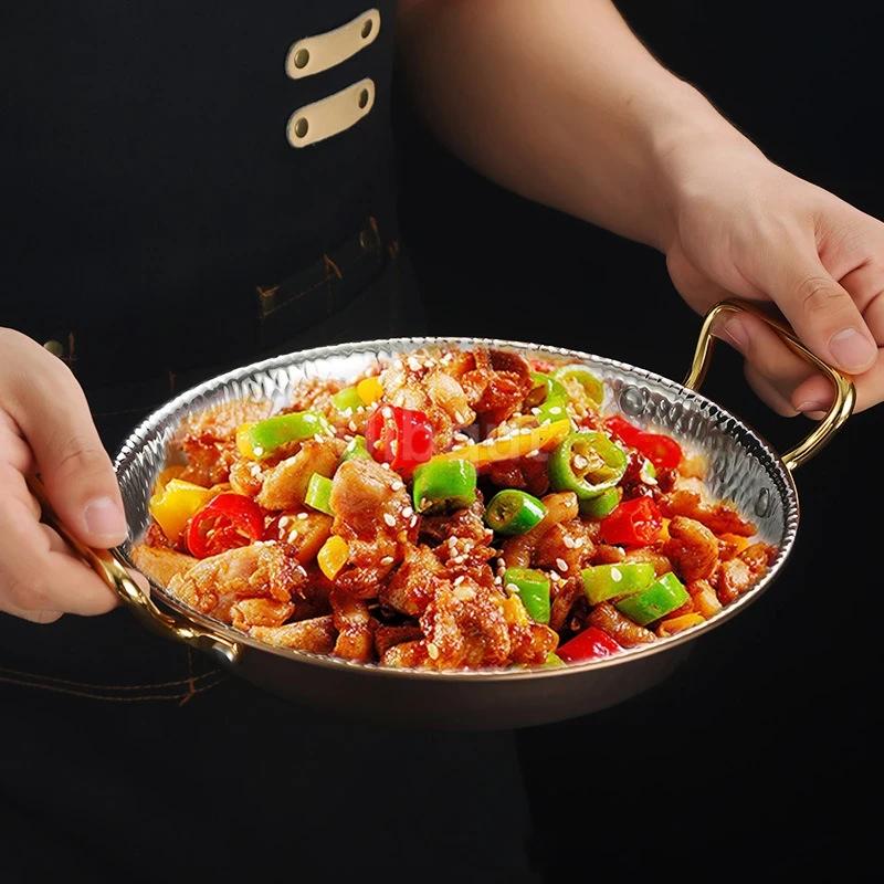 Commercial Crayfish Plate Flat Bottom Stewed Rice Pot Double Ear Frying Pan Hotpot 304 Stainless Steel Spanish Seafood Rice Pot